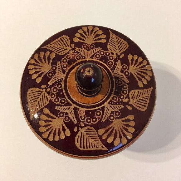 Carved Wood Trinket Jewelry Box Round Brown Vintage Aztec Floral Style Lid - Picture 4 of 8